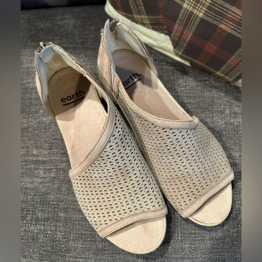 Earth Perforated Taupe Open-Toe Wedge Sandals